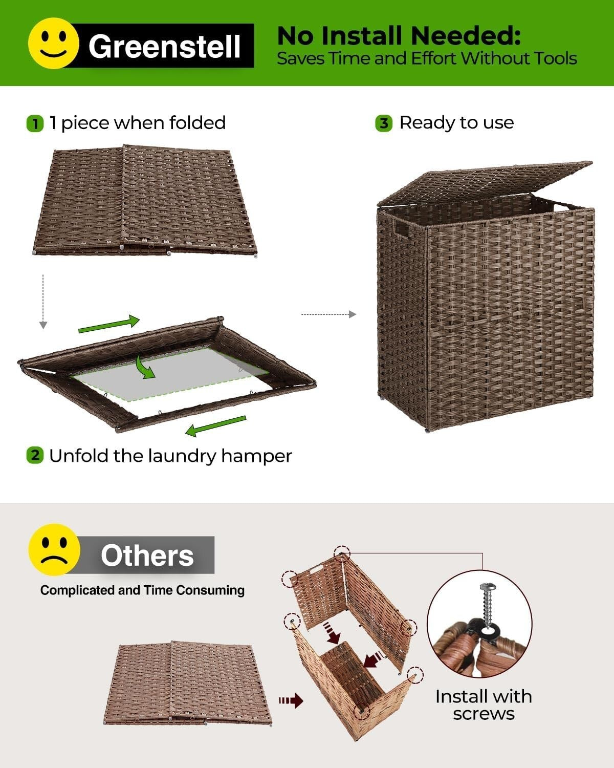 Collapsible Brown Laundry Basket with Removable Liners - No Install Needed