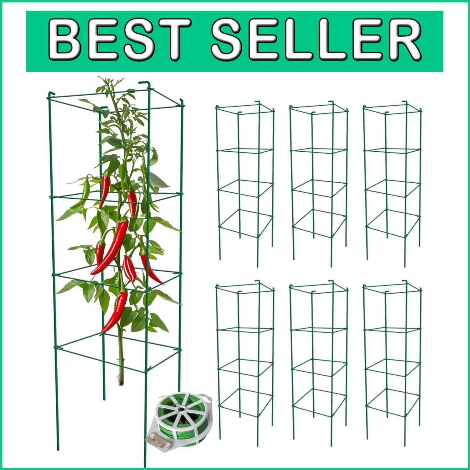 6-Pack 46-Inch Heavy-Duty Tomato Cages with Twist Ties for Climbing Plants