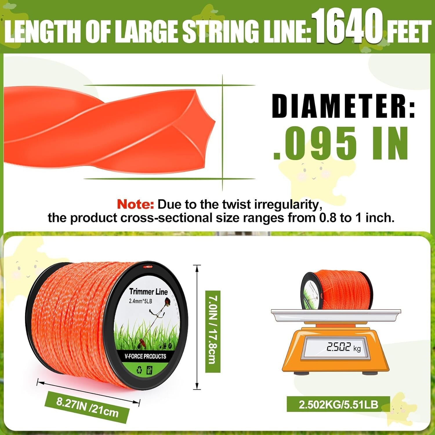 1640FT Heavy-Duty 0.095" Twisted Weed Wacker String - Durable Trimmer Line