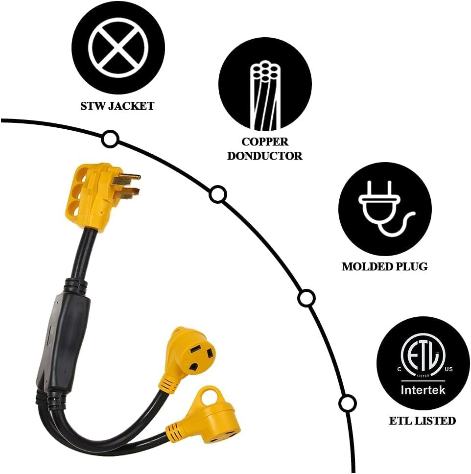Durable 2.5ft RV Power Adapter: 50A Male to Twin 30A Female with Comfort Grip