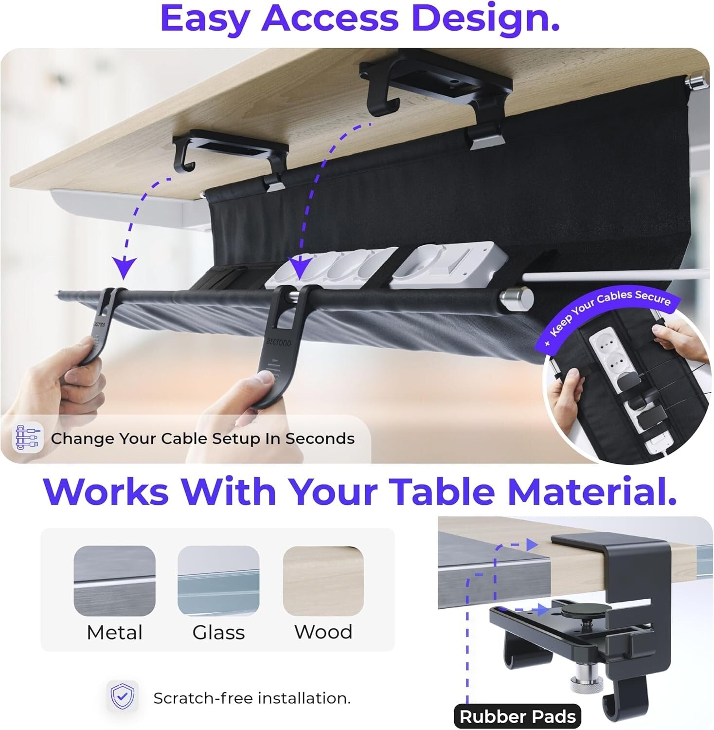 CableCare No-Drill Under Desk Cable Management Tray - Elegant Fabric Solution