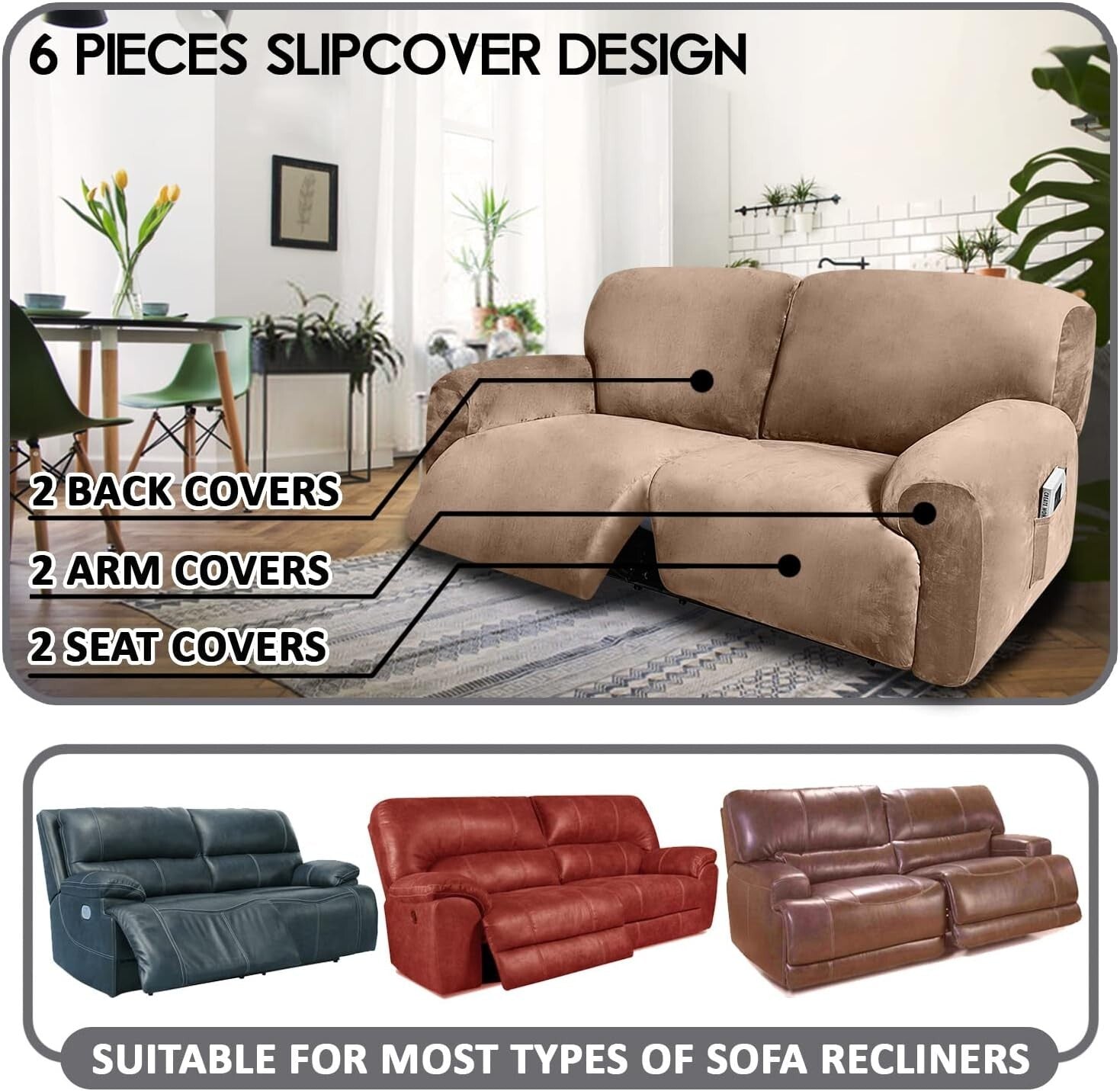 Extra Wide Velvet Reclining 2 Seater Sofa Cover - 6-Piece Slipcover Set in Sand