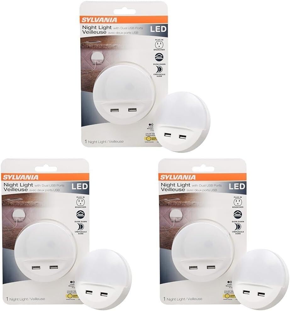 Sylvania LED Night Light 3-Pack: Dusk to Dawn with Dual USB Ports, Warm White