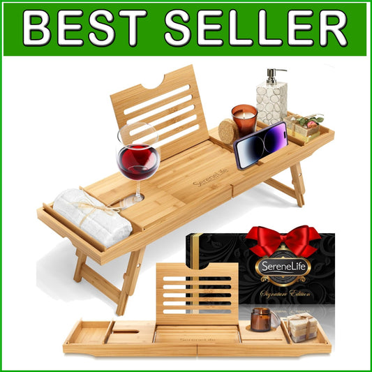 Elegant Bamboo Bath Caddy with Sliding Arms & Gift Box - Perfect for Relaxation
