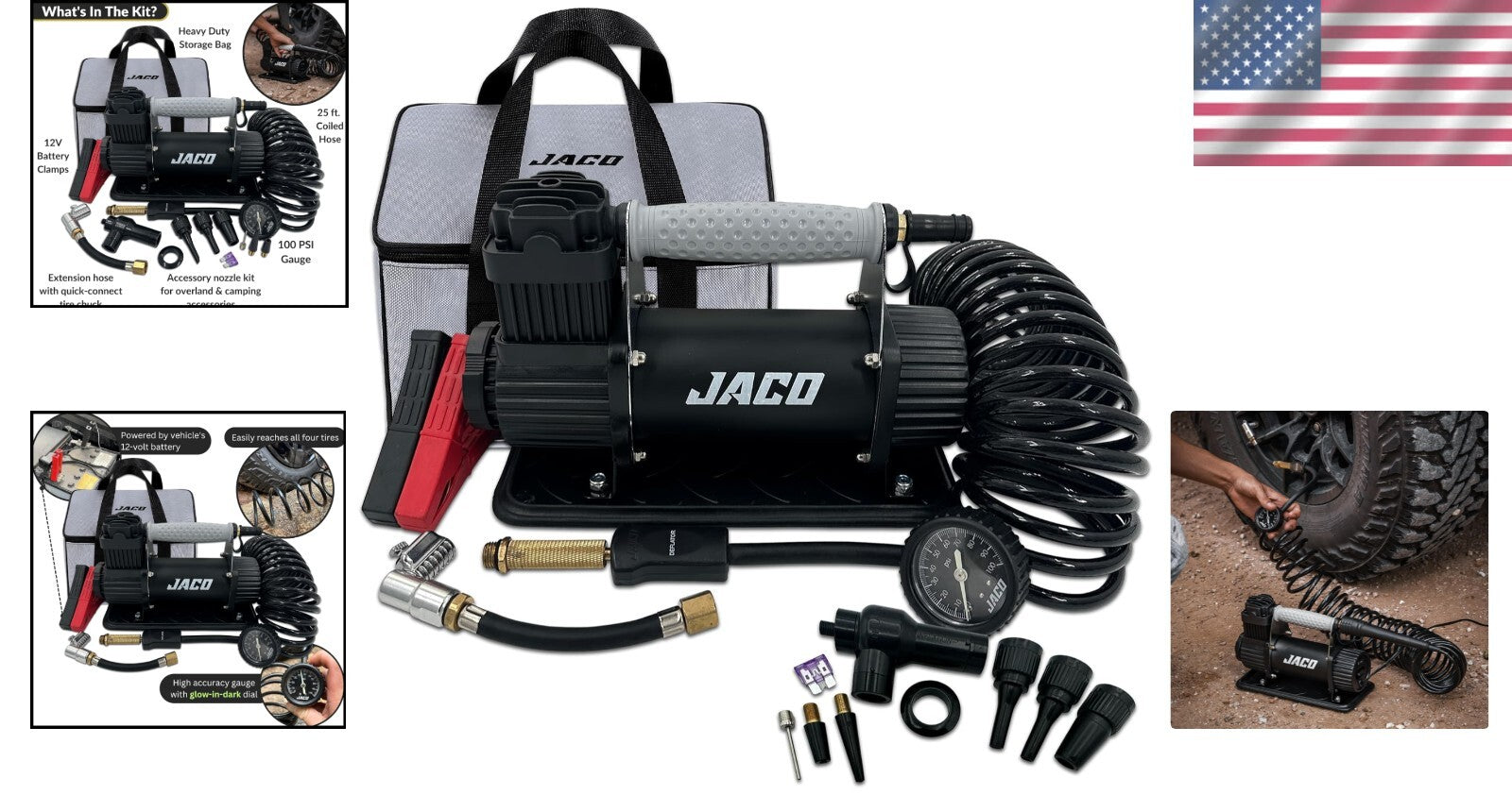 Compact JACO 12V Tire Inflator - 3.5 CFM High Flow with Quick Lock Air Chuck
