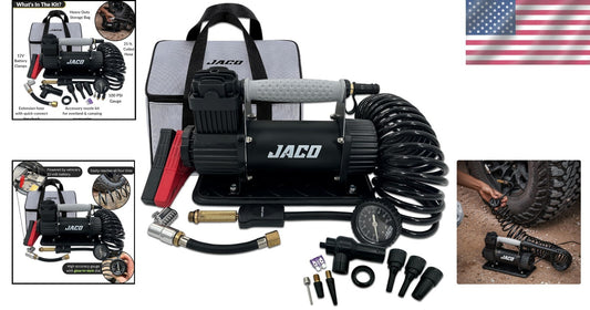 Compact JACO 12V Tire Inflator - 3.5 CFM High Flow with Quick Lock Air Chuck