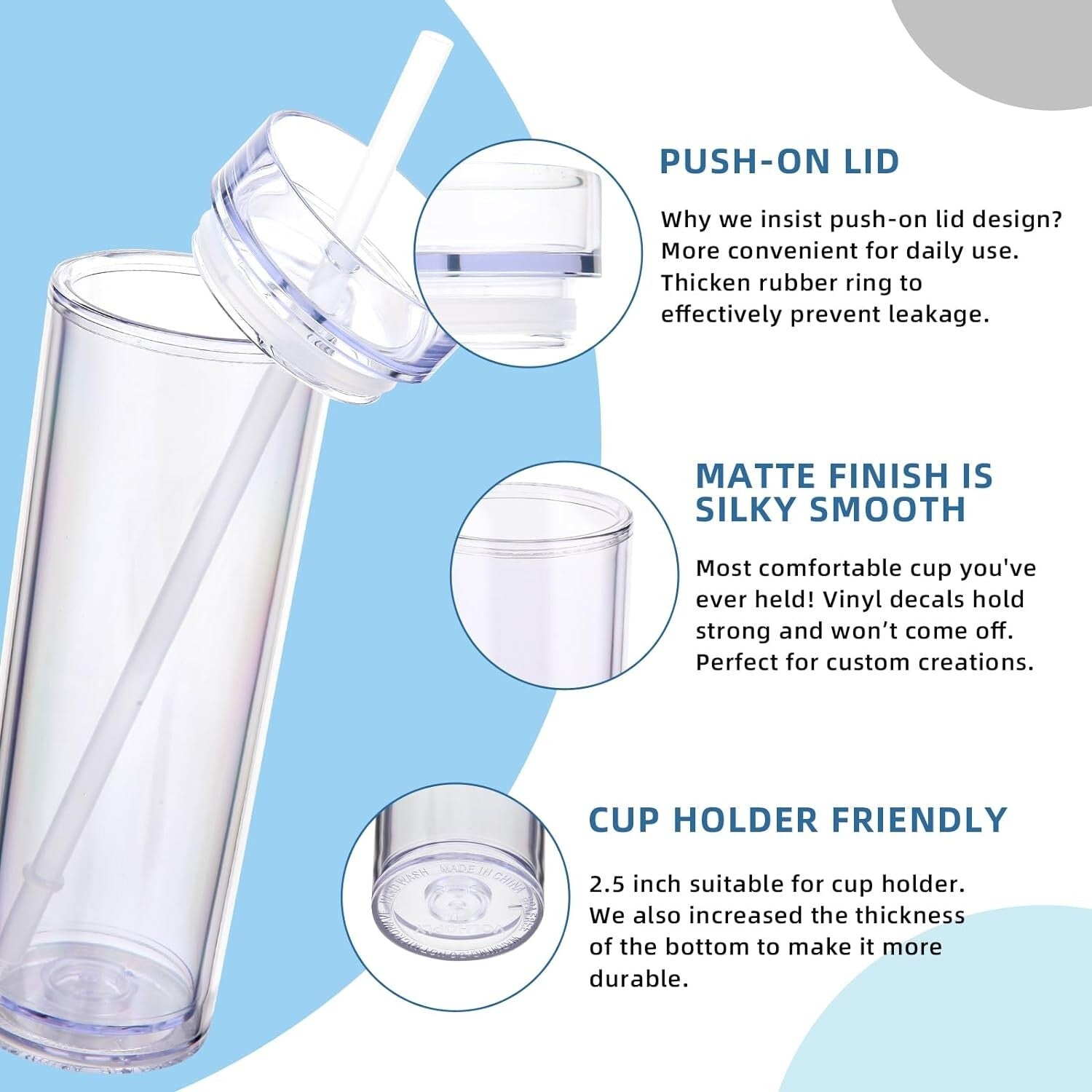 Bulk 10 Pack of Insulated 16oz Acrylic Tumblers with Straw & Lid - Clear Design