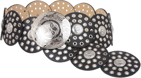 Elegant 90 mm Boho Disc Concho Leather Waist Belt for Fashion-Forward Women
