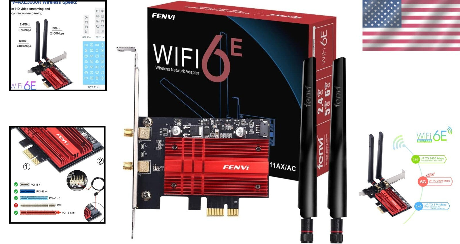 Red & Black Tri-Band WiFi 6E Network Card - 5400 Mbps PCI-E with Bluetooth 5.3