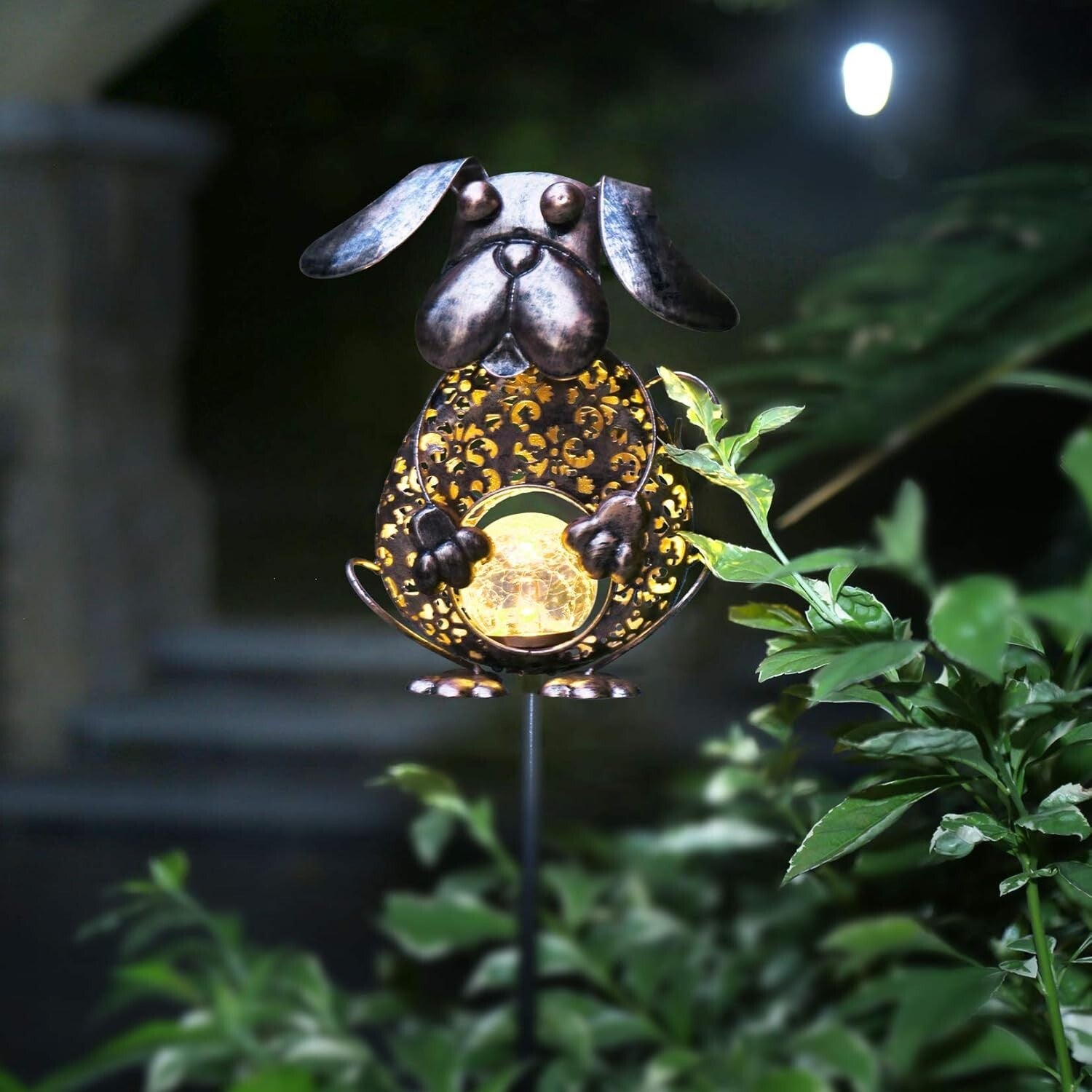 Easy Install Dog Bronze Solar Outdoor Light with Crackle Glass - IP44 Waterproof