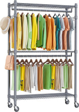 Load image into Gallery viewer, 3-Tier Adjustable Garment Rack with Rolling Wheels &amp; Side Hooks - Gray Finish