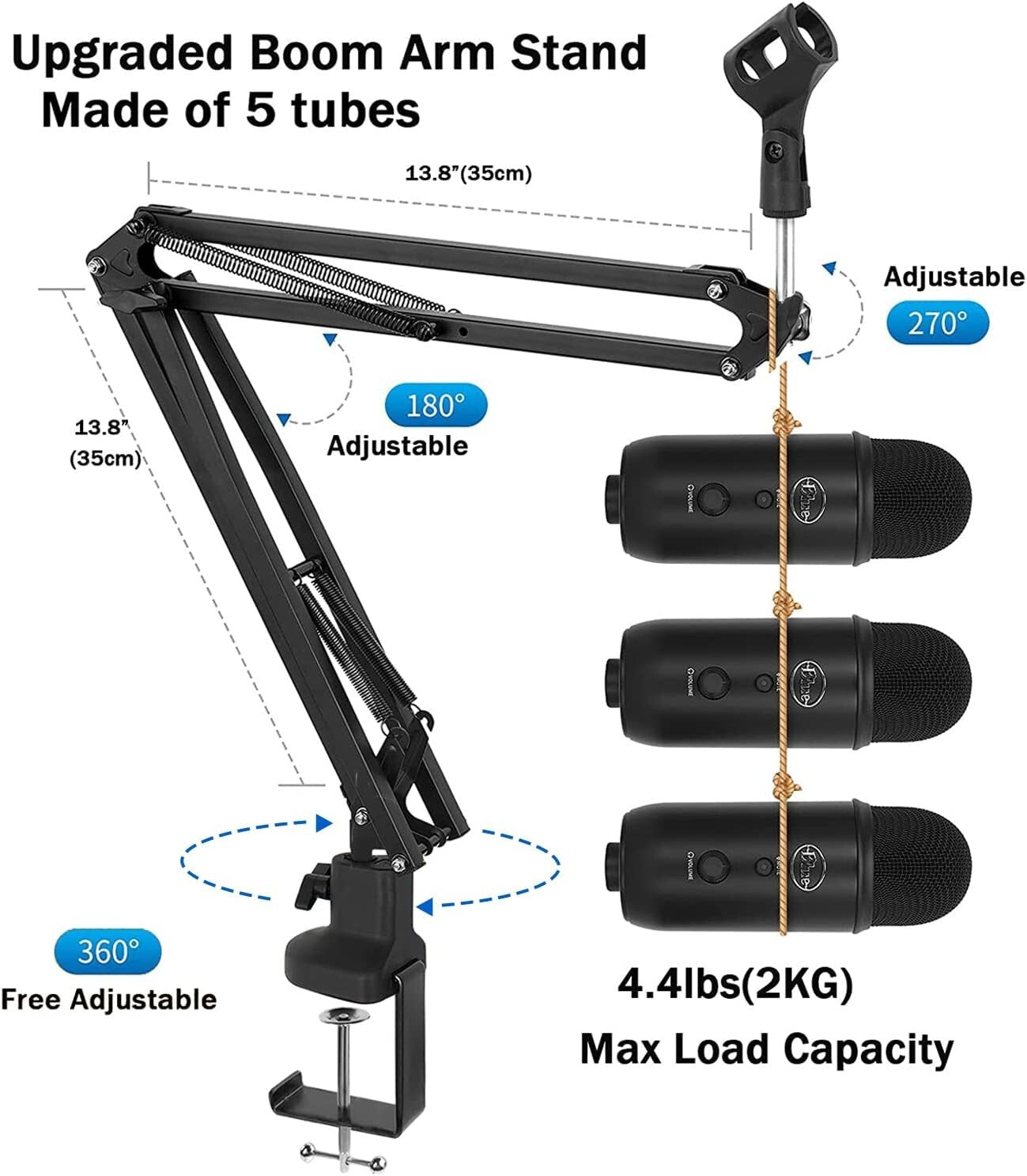 Adjustable Heavy-Duty Microphone Boom Arm with 5/8” and 1/4” Adapters Included