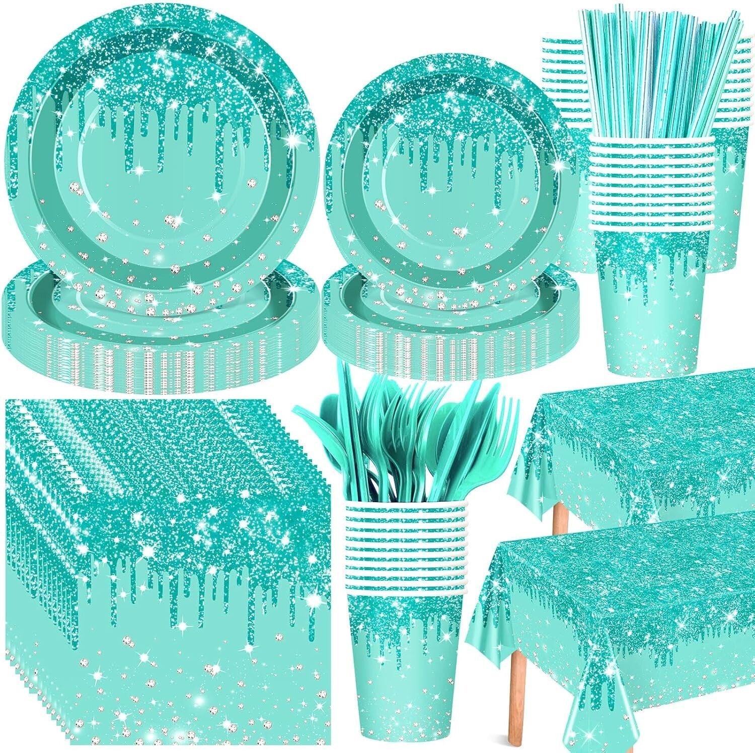 Elegant 452 Pcs Teal & Silver Birthday Party Set - Plates, Cups, Cutlery & More