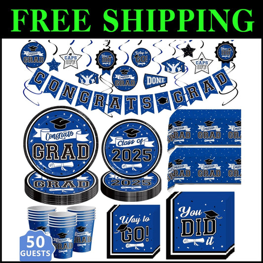 Convenient Graduation Party Supplies Set with Decor for 50 Guests - Blue