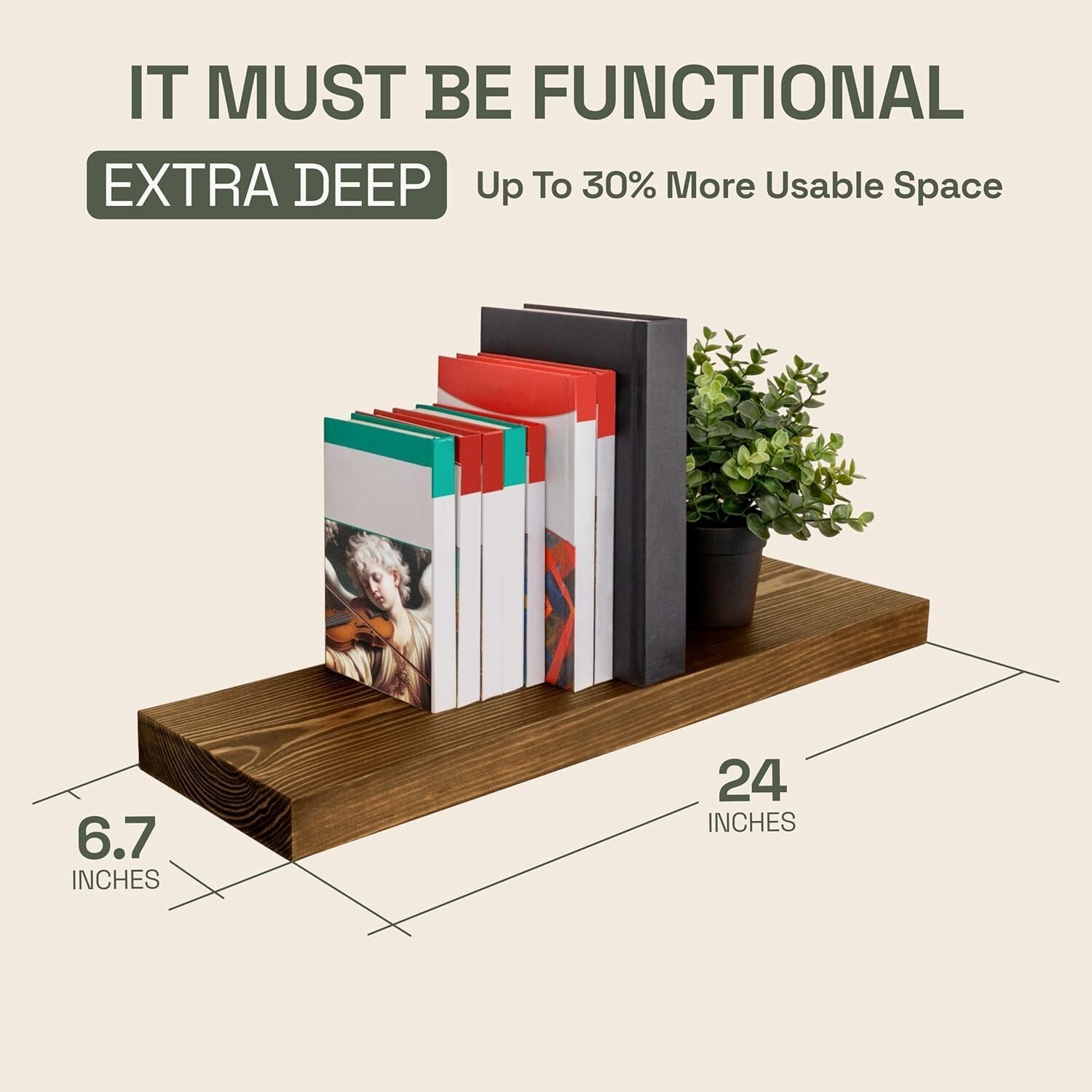 Elegant 24" Floating Shelves - Rustic Solid Wood for Kitchen and Living Room