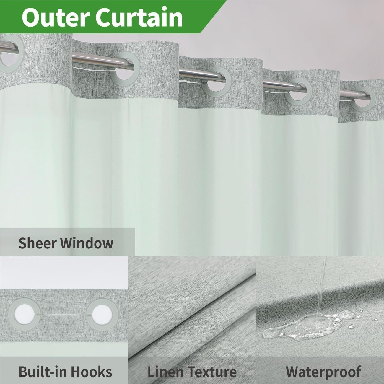 Luxurious Sage Green Shower Curtain with Linen Texture & Snap-In Liner 71x80