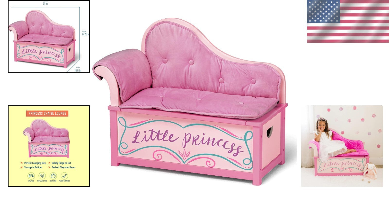 Kids Princess Fainting Couch with Toy Storage and Safety Hinge - 32" x 15.5"
