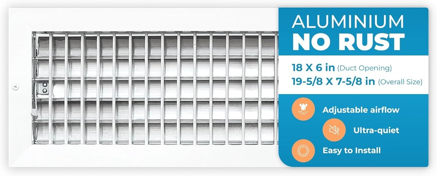18 x 6 Inch Adjustable Air Vent Grille, Rust-Resistant and Elegant White Finish