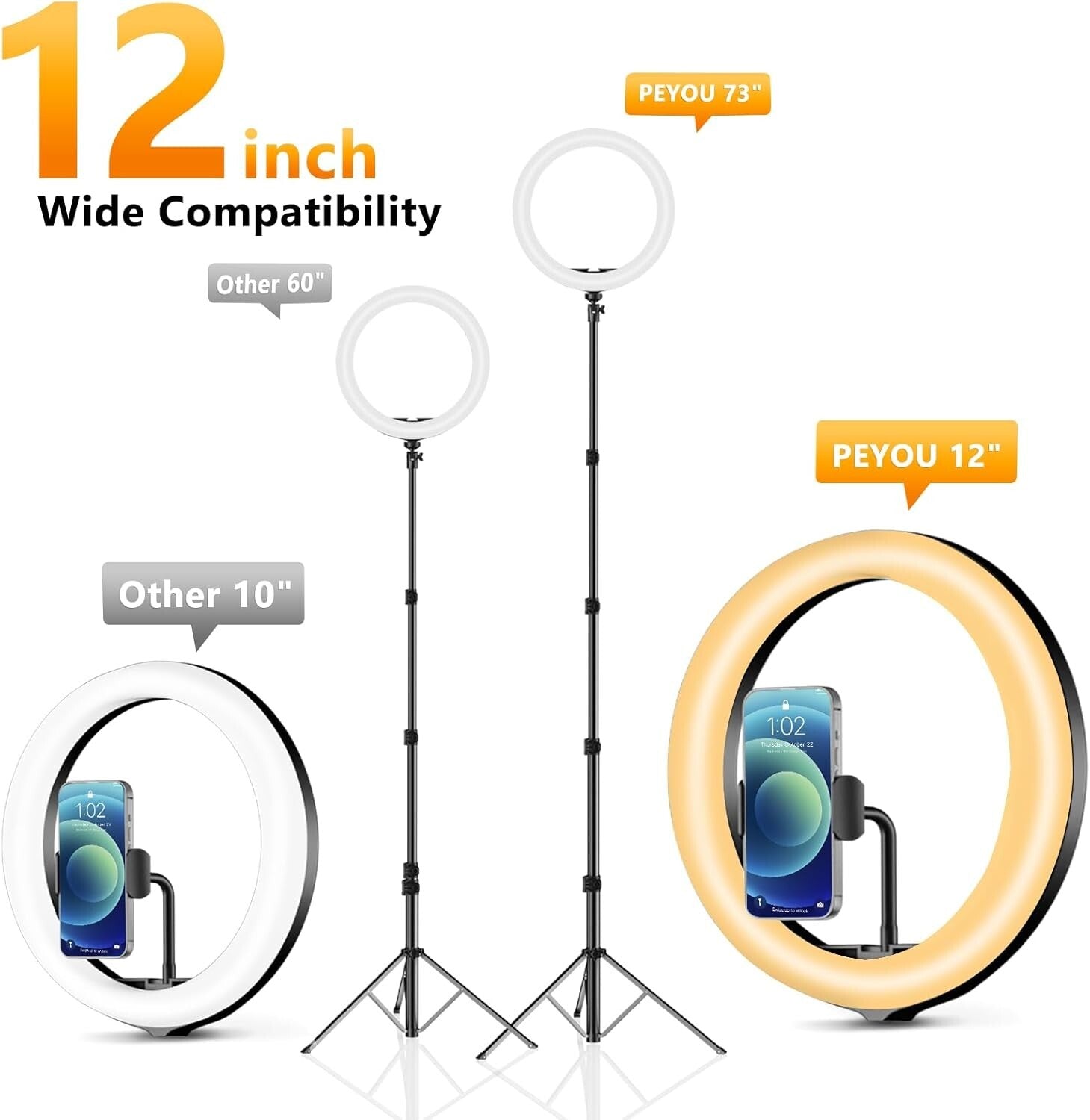 12'' Selfie Ring Light with 73'' Tripod - 38 Color Modes & Dimmable Brightness