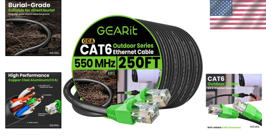Durable 250ft Outdoor Cat6 Ethernet Cable with Waterproof Gold Connectors