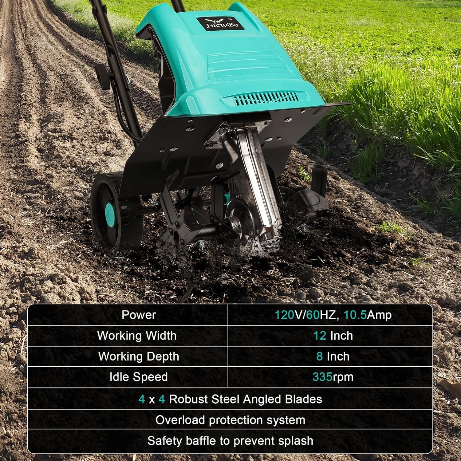 Lightweight 10.5 Amp Electric Cultivator - 12-Inch Wide & 8-Inch Deep Tilling