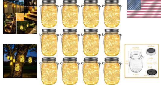 Hanging Solar Lanterns - 30 LED Fairy Lights in Waterproof Mason Jars, 12-Pack