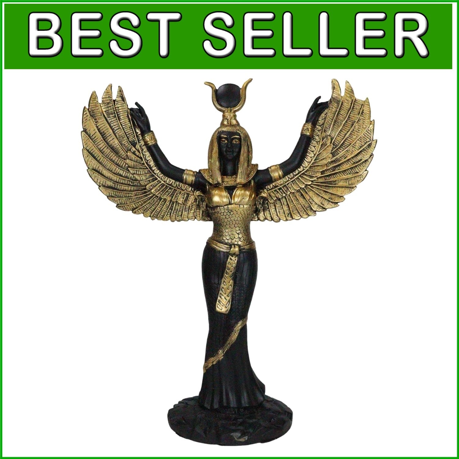 Handcrafted Isis Goddess Statue - 12" Open Wings Decor in Elegant Black & Gold
