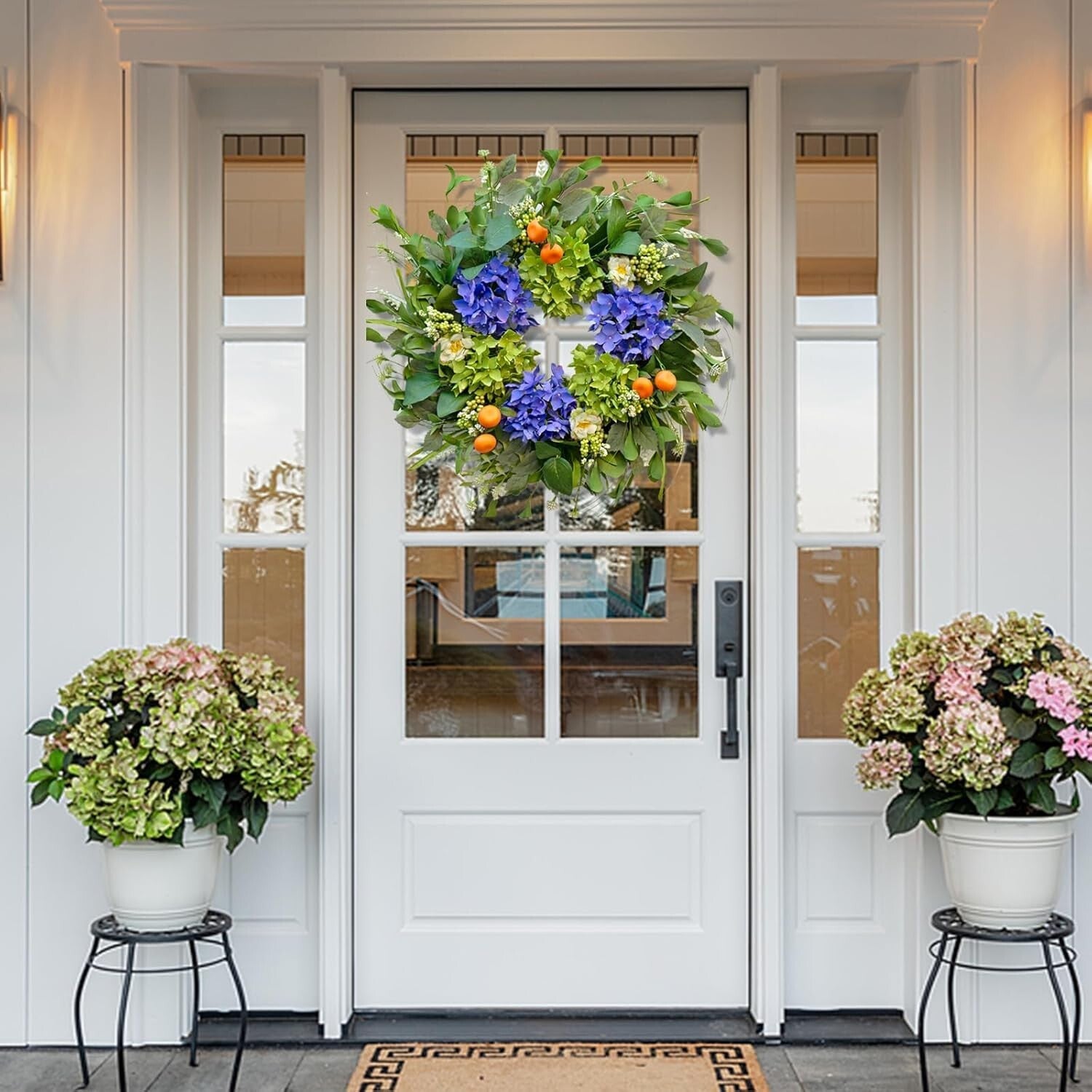 Elegant 22'' Round Wreath with Hydrangea & Realistic Oranges for All Seasons