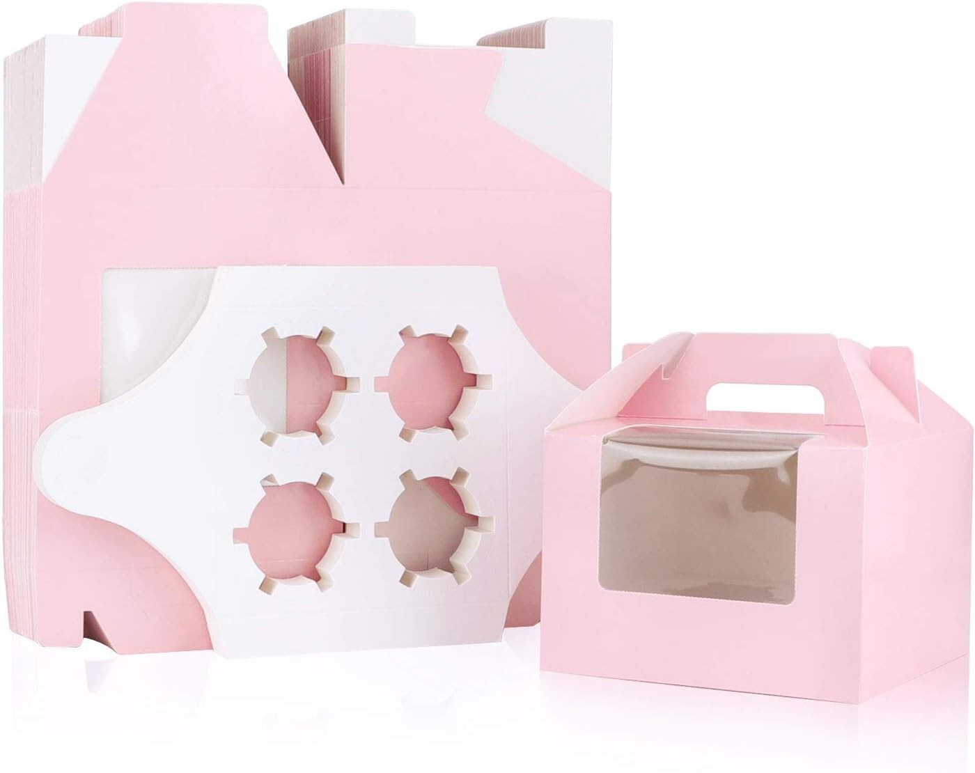 Elegant Pink Cupcake Boxes - 50 Pack with Inserts & Display Window, 5.9" x 5.9"