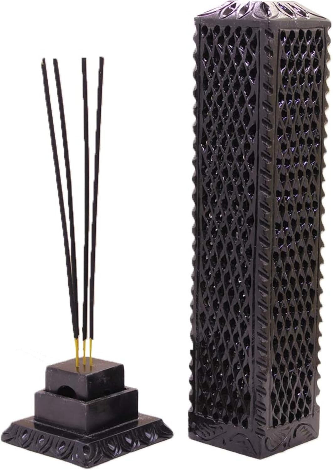 Intricate Handmade Black Soapstone Incense Stick Tower - Ideal for Gifting