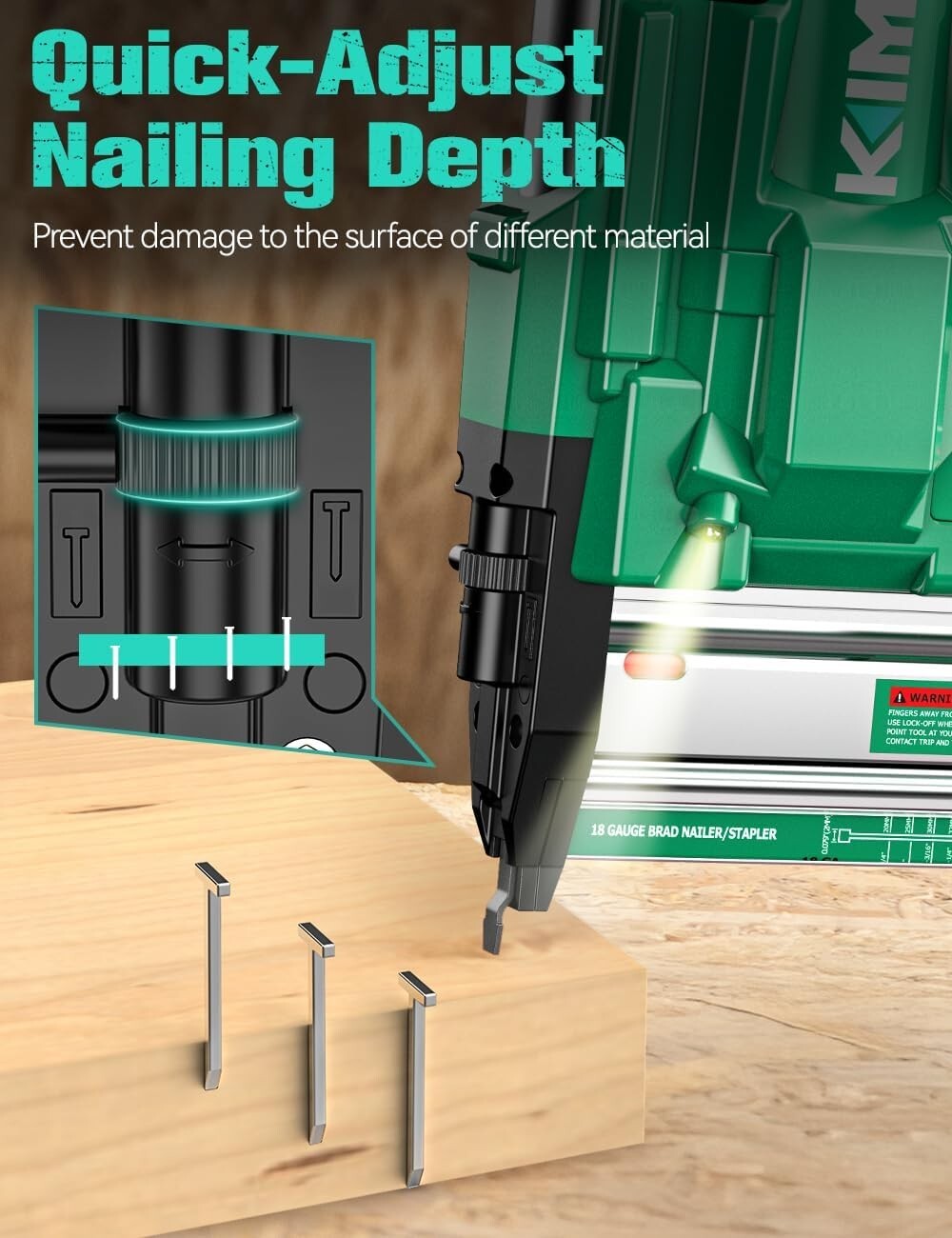 Versatile KIMO 18 Gauge Nail Gun - Adjustable Depth & 180 Nails/min Performance
