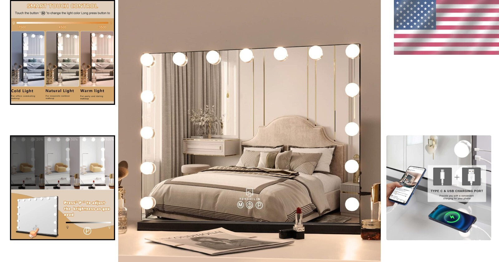 Elegant Vanity Mirror with Adjustable Brightness & 10X Magnification - Black