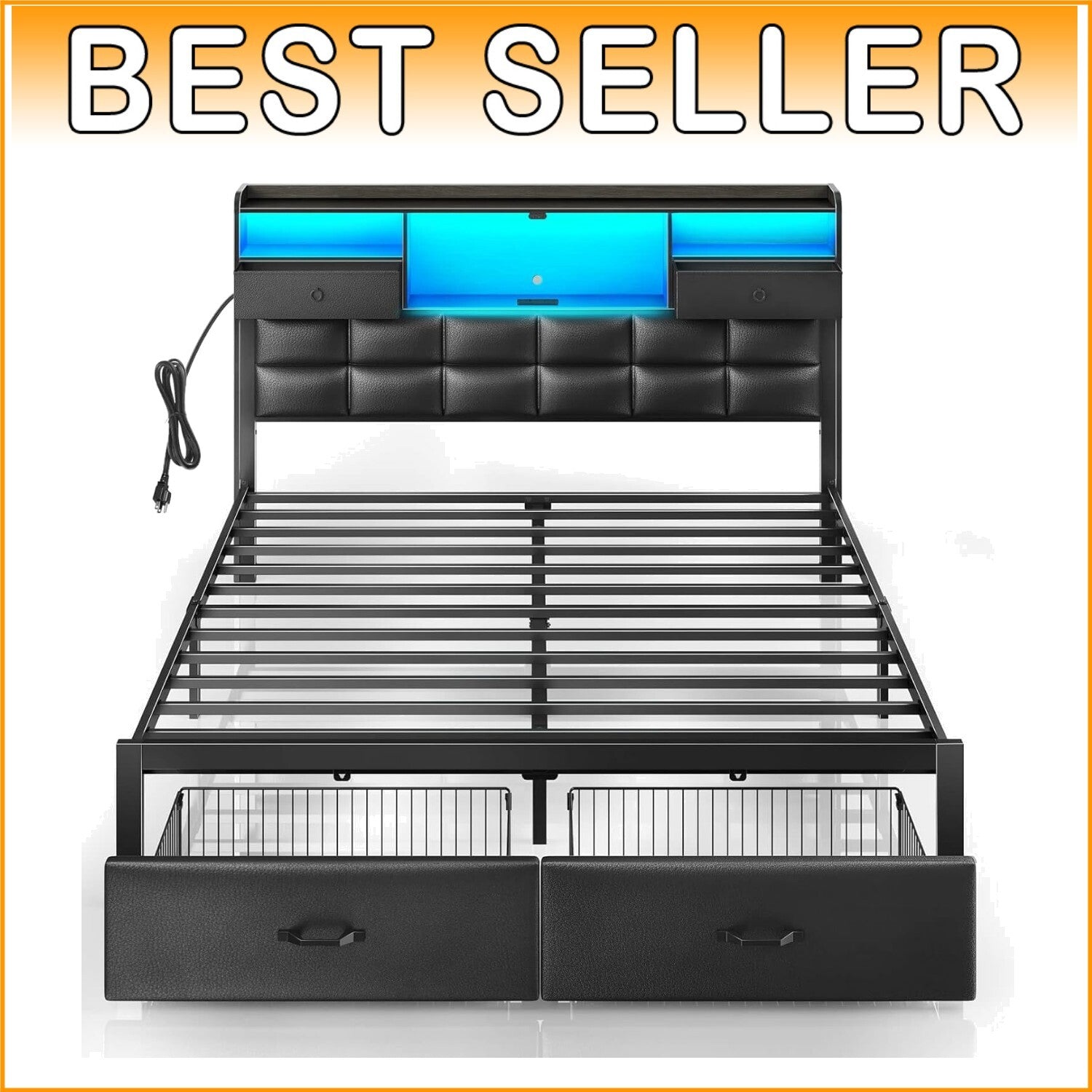 Full Size Upholstered Bed Frame with Drawers & USB Charging Station - Black