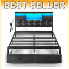 Load image into Gallery viewer, Full Size Upholstered Bed Frame with Drawers &amp; USB Charging Station - Black