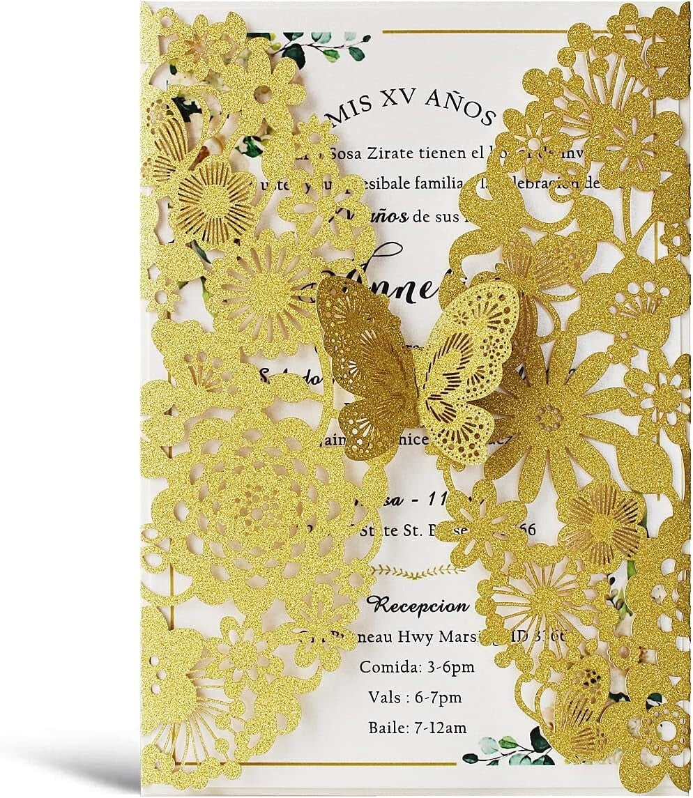 50 PCS Gold Laser Cut Lace Flora Wedding Invitations with Butterfly & Envelopes