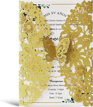 Load image into Gallery viewer, 50 PCS Gold Laser Cut Lace Flora Wedding Invitations with Butterfly &amp; Envelopes