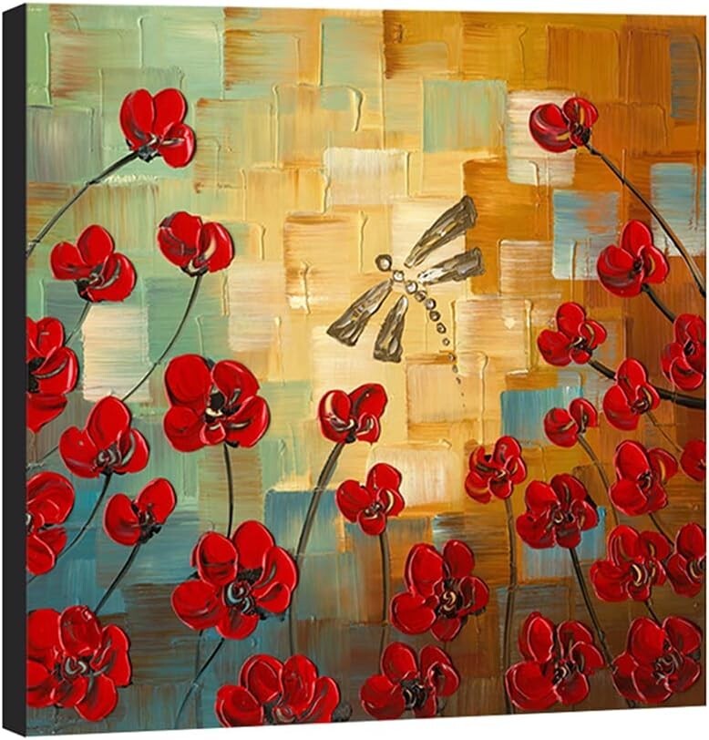 Gallery Wrapped 24x24 Dragonfly Floral Oil Painting - Ready to Hang Luxury Art