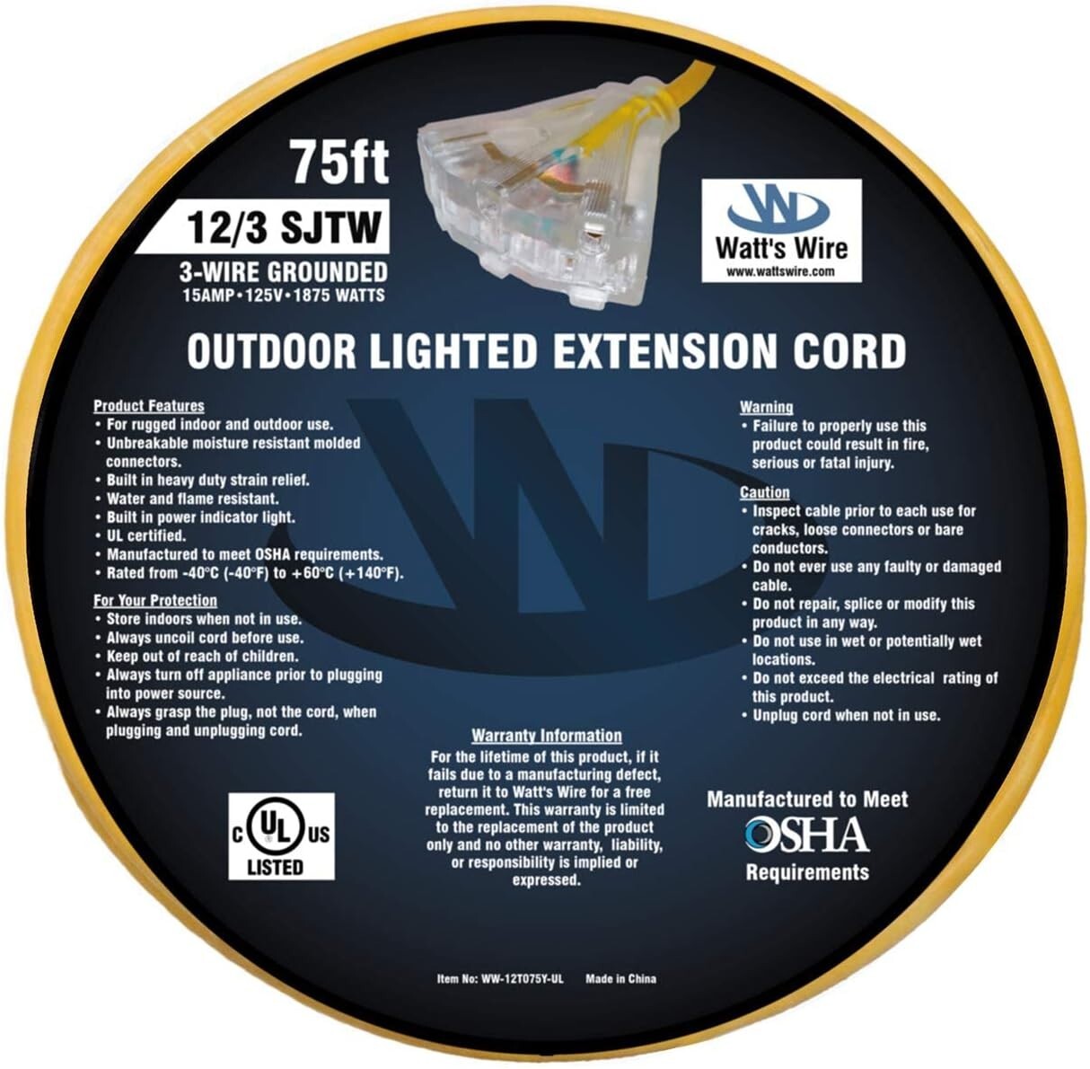 15 Amp 75 ft SJTW Waterproof Extension Cord - Perfect for Outdoor Power Needs