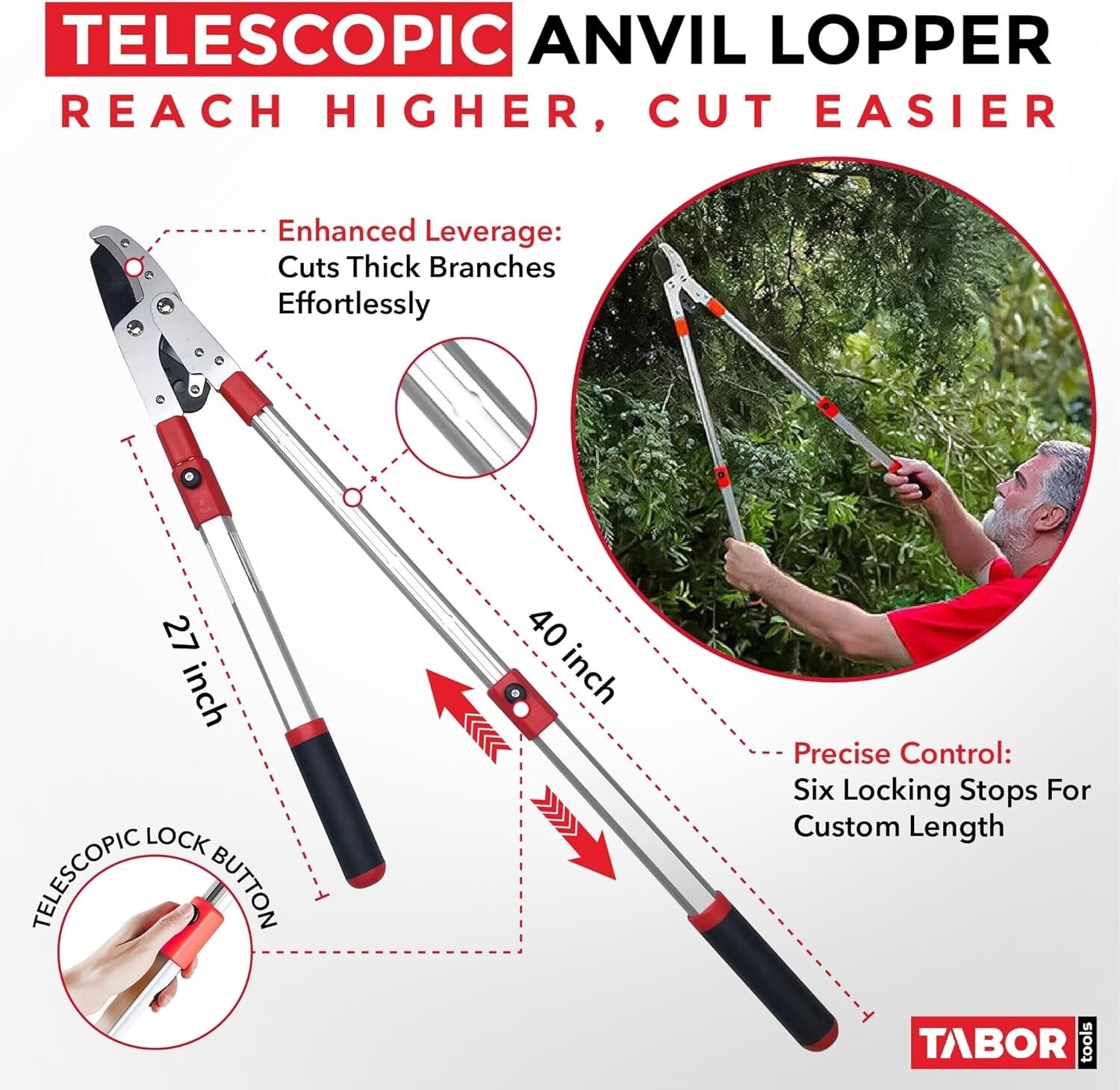 Extendable 27-40 Inch GG22A Anvil Lopper - Sharp Carbon Steel for Thick Branches