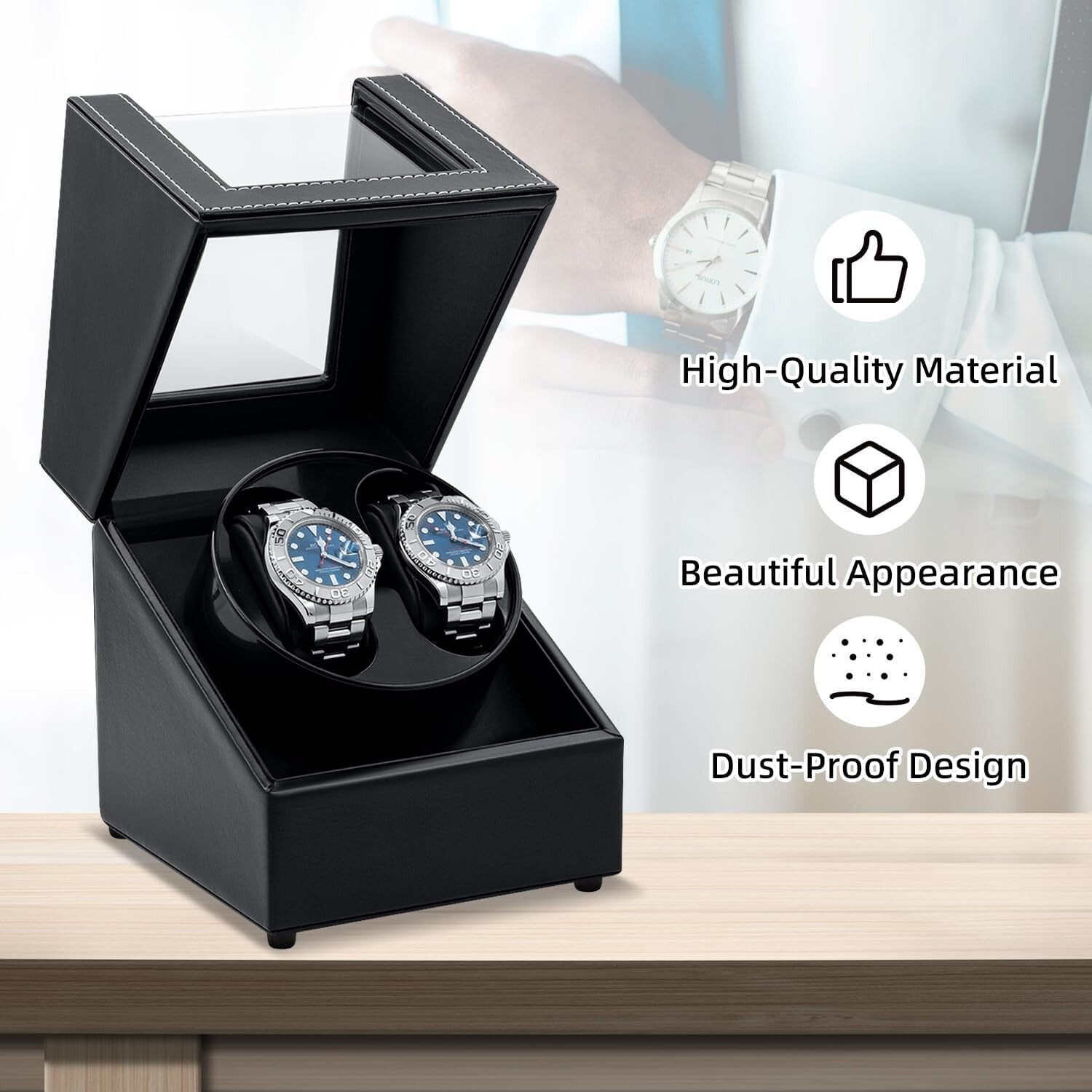 Black Elegant Watch Winder Box with Two Rotation Modes - Perfect Gift for Men