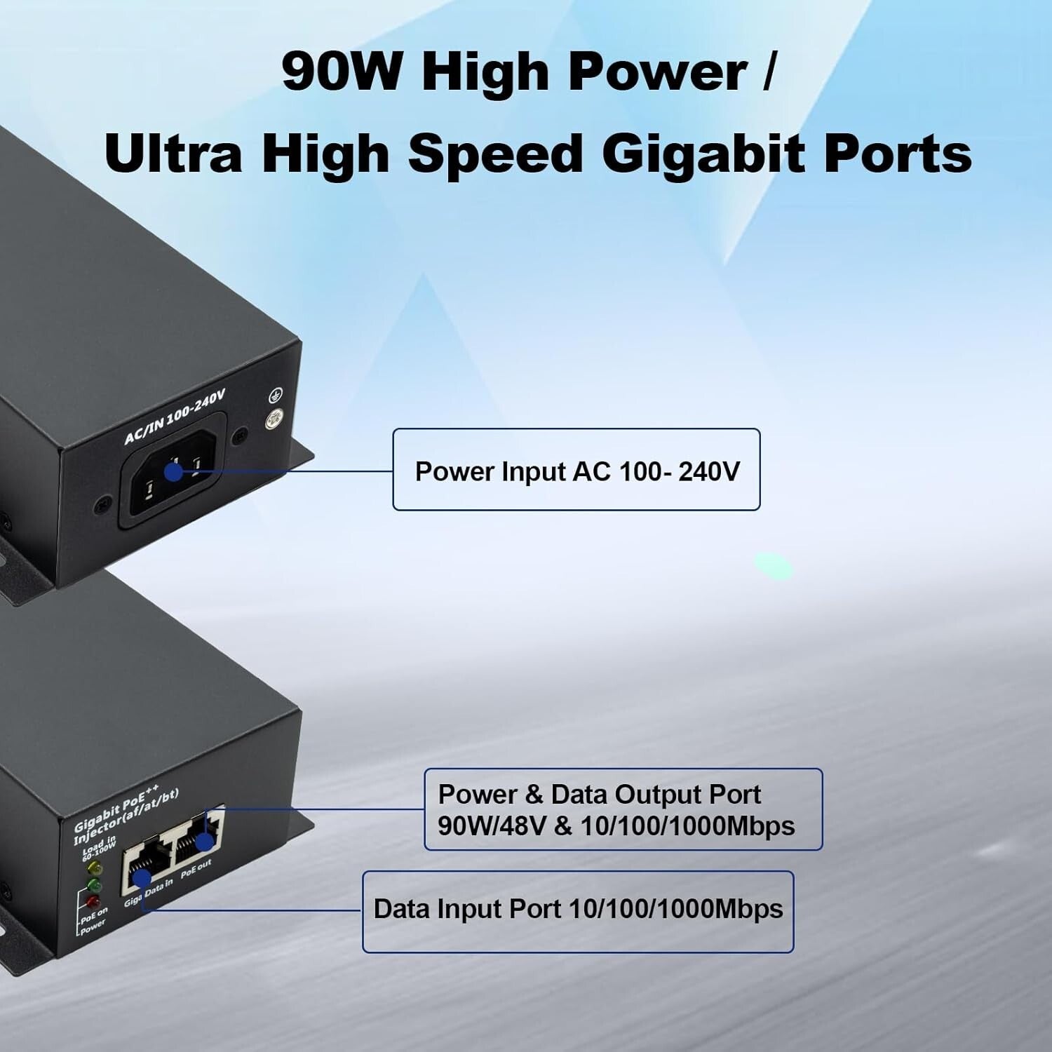 Efficient 90W PoE++ Injector Adapter - 10/100/1000Mbps High-Speed Connectivity