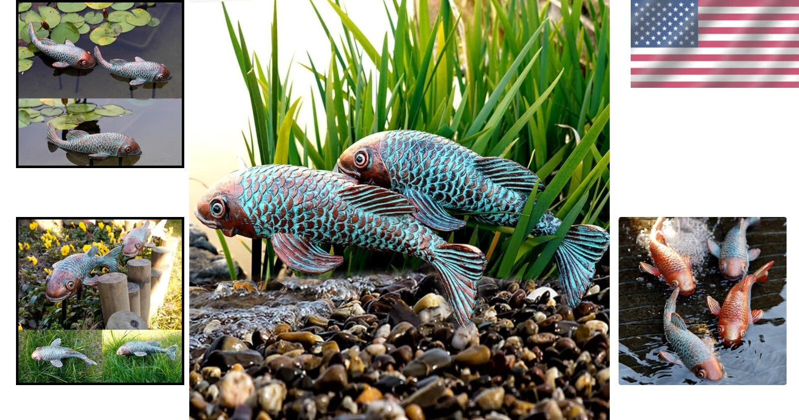 Unique Antique Koi Fish Garden Statues with 2 Iron Poles - Indoor & Outdoor