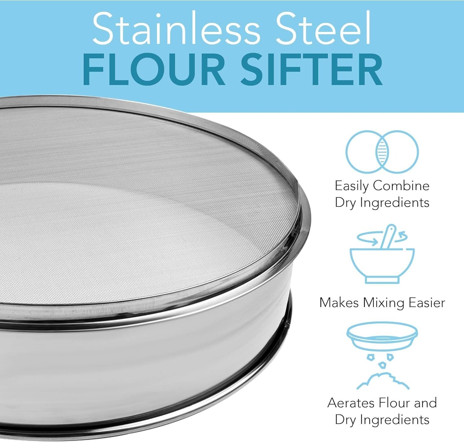 Commercial-Grade Stainless Steel Flour Sifter with Fine Mesh - 14" Diameter