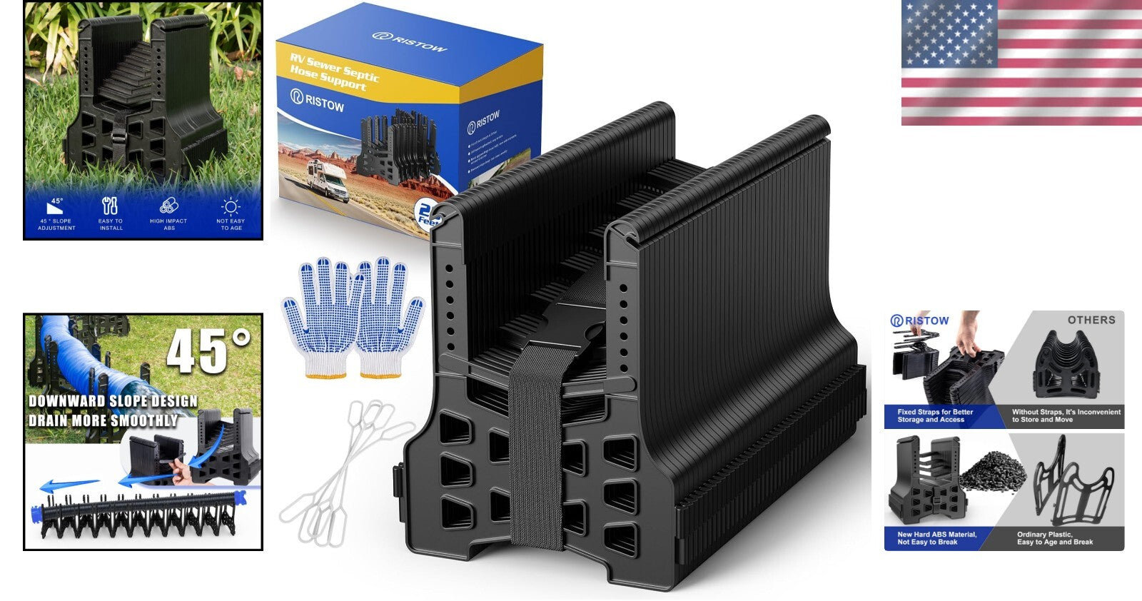 Efficient 20ft Height-Adjustable RV Sewer Hose Support, Black ABS Material