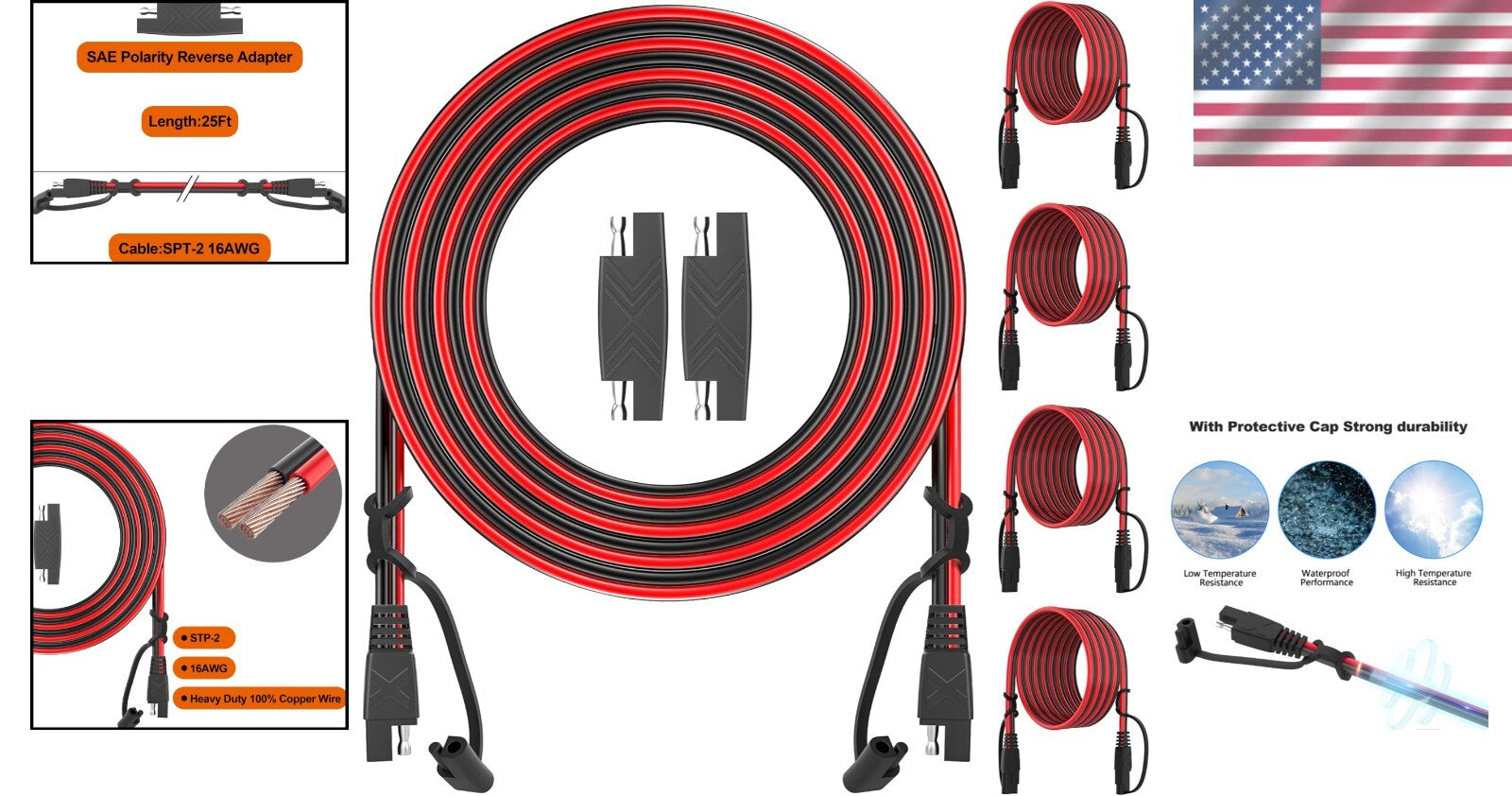 16AWG SAE to SAE Connector Cables - 12 Feet Each, 4-Pack with Protection Cap