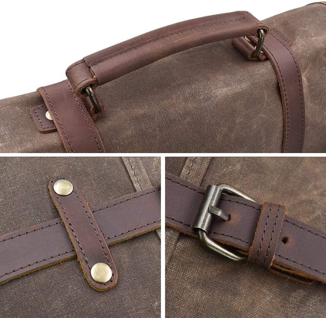 Classic Brown Leather & Canvas Messenger Bag for Work and Travel - 15.6'' Fit