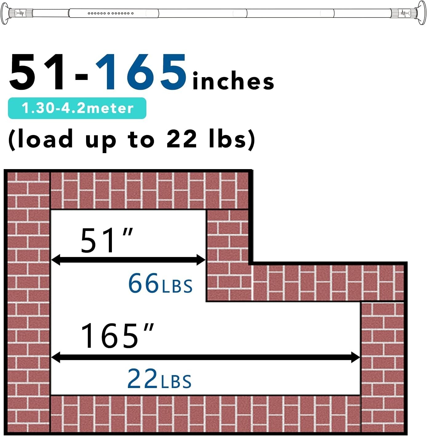 Rust-Proof Adjustable Tension Rod for All Surfaces, 51-165 Inch, Black Finish