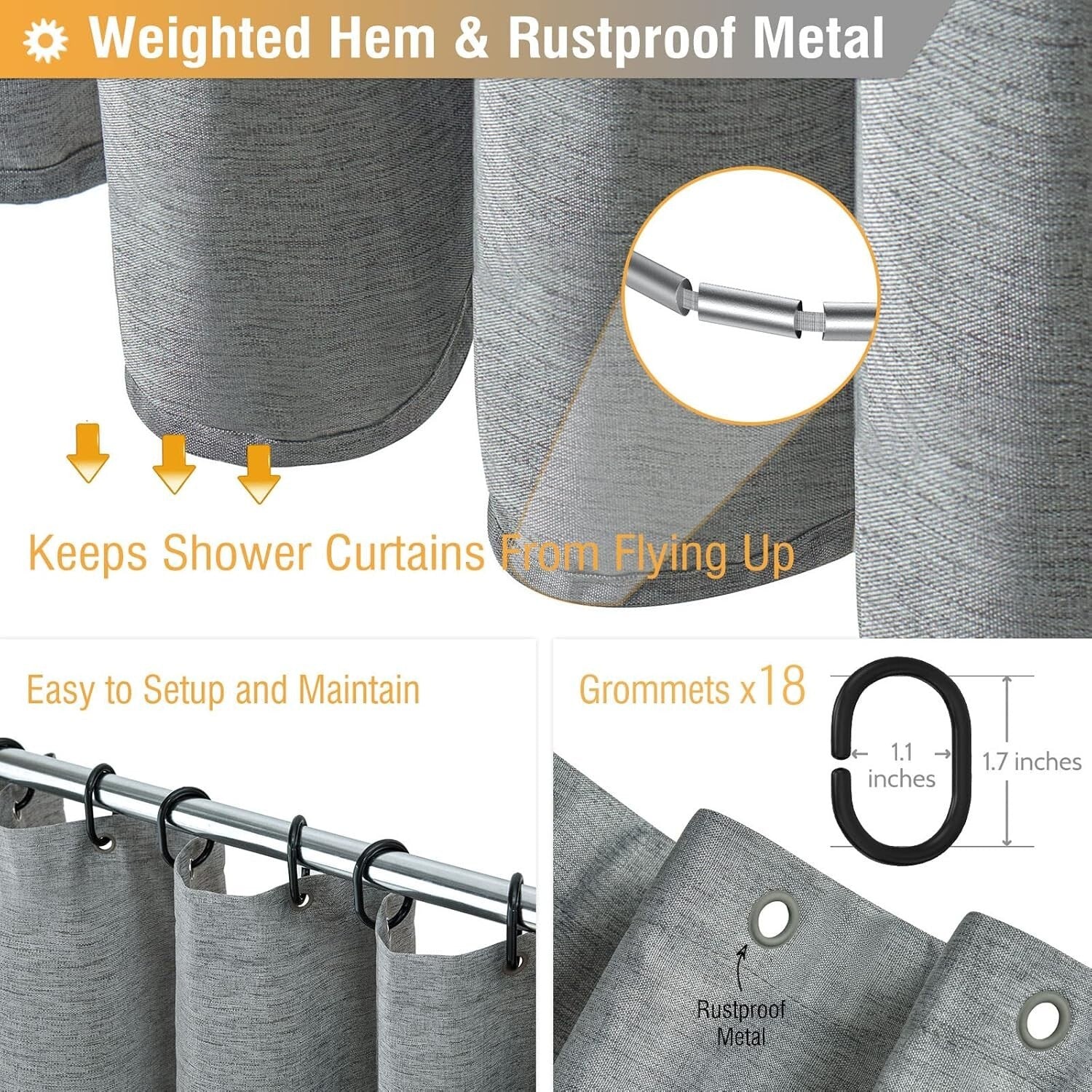 Extra Wide 108x72 Inch Waterproof Linen Textured Shower Curtain Set in Grey