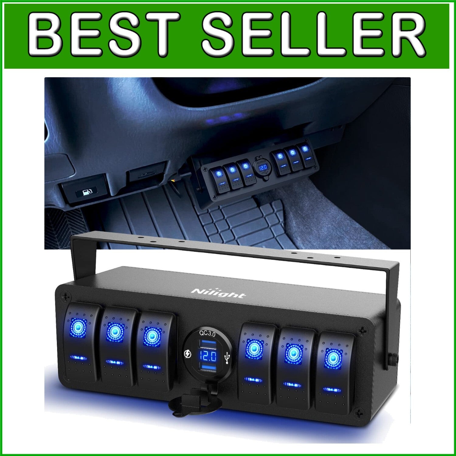 All-in-One 6 Gang SPST Rocker Switch Box with Dual USB & Integrated Voltmeter