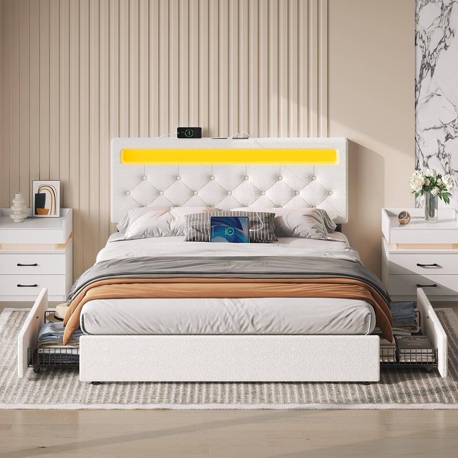 Adjustable Twin Bed Frame with RGB LED Lights & 4 Storage Drawers in White